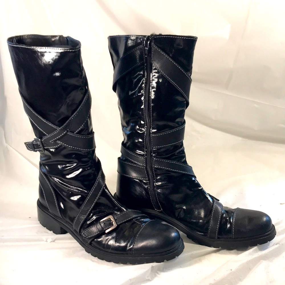 Accessoire Detente Rare Black Patent Leather Steam Punk Gothic Moto Zip Boots